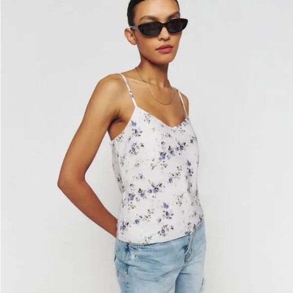 Reformation Andrea linen Too floral White and Blue Camisole - Picture 1 of 7